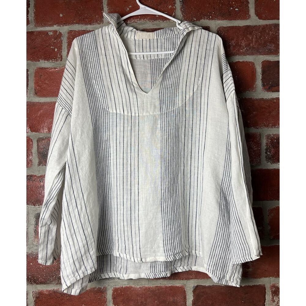 CP Shades Linen Collared V-Neck Top Striped Size XS